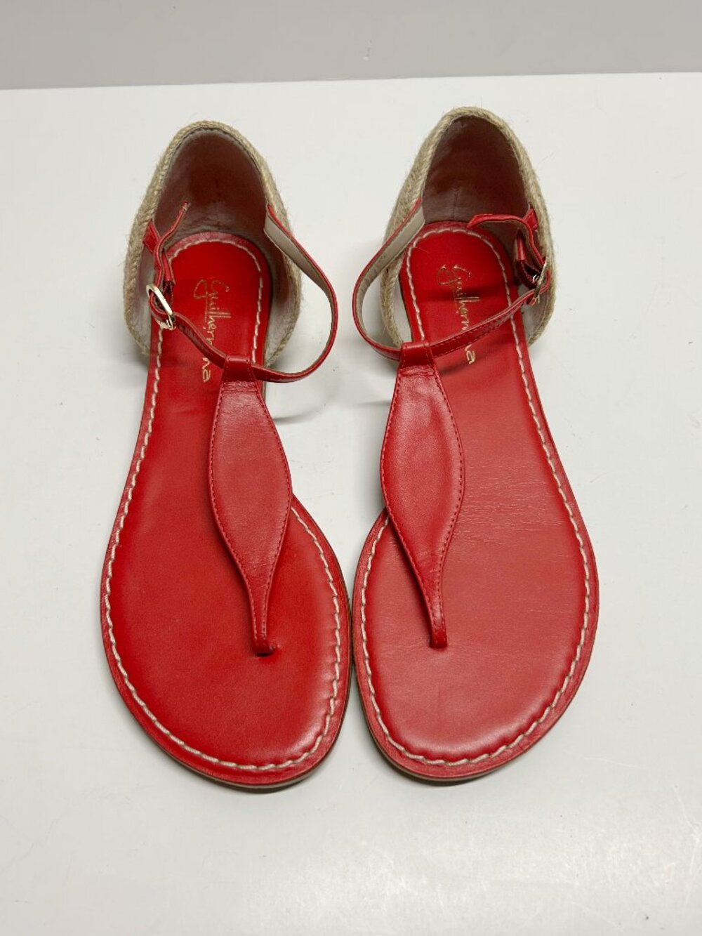 Guilhermina Red Leather T-Strap Women's Sandals with Ankle Buckle